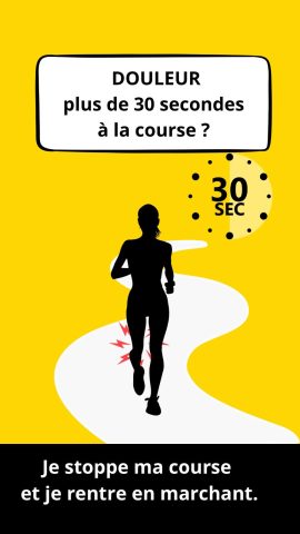 Coureur ou coureuse avec une douleur au genou. Si la douleur dure plus de 30 secondes, il faut stopper et rentre en marchant